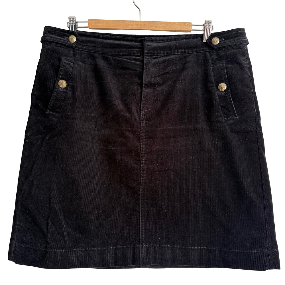 Talbots Black Corduroy Mini Skirt Gold Crest Button Size 12 Cotton Blend